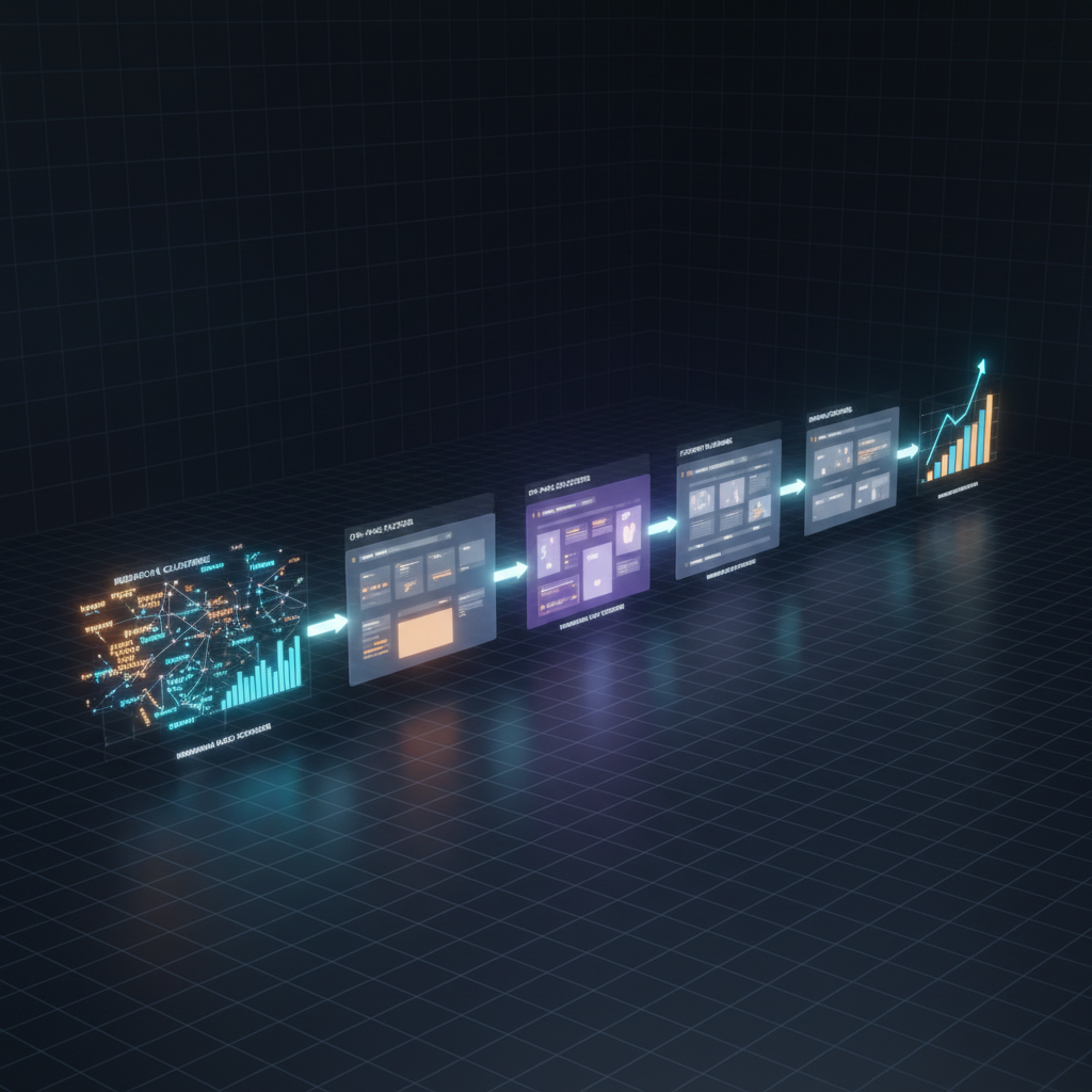 An expansive digital-art scene of an SEO workflow pipeline represented as a glowing, horizontal flow of interconnected holographic panels. On the left, radiant keyword constellation maps and bar charts illustrate research and clustering. In the center, semi-transparent overlays show competitor page layouts with highlighted areas for on-page factors and technical SEO checks. To the right, sleek content blocks flow into stylized CMS windows and upward-trending ranking graphs. The environment is a dark, minimal virtual space with subtle gridlines. Cool, diffused light illuminates each stage, creating a calm, analytical mood. Captured from a wide, cinematic, slightly top-down angle, the composition emphasizes clarity, structure, and automation across the entire SEO process.