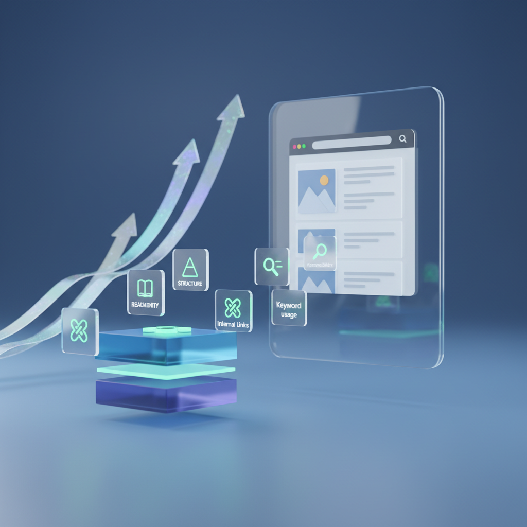 A polished digital-art scene of content optimization and CMS publishing orchestrated by an AI agent. In the foreground, layered translucent content blocks hover, each annotated with glowing, icon-based signals indicating readability, structure, internal links, and keyword usage. These blocks gently flow toward a stylized CMS interface represented as a clean, frameless window, where a final optimized page assembles itself. In the background, ascending ranking graphs arc upward like luminous ribbons. Soft, cool studio lighting emphasizes the glassy textures and subtle gradients, creating a calm, confident mood. Shot from a three-quarter angle with moderate depth of field, the image conveys a sense of smooth automation, precision editing, and seamless publishing within a professional SEO environment.