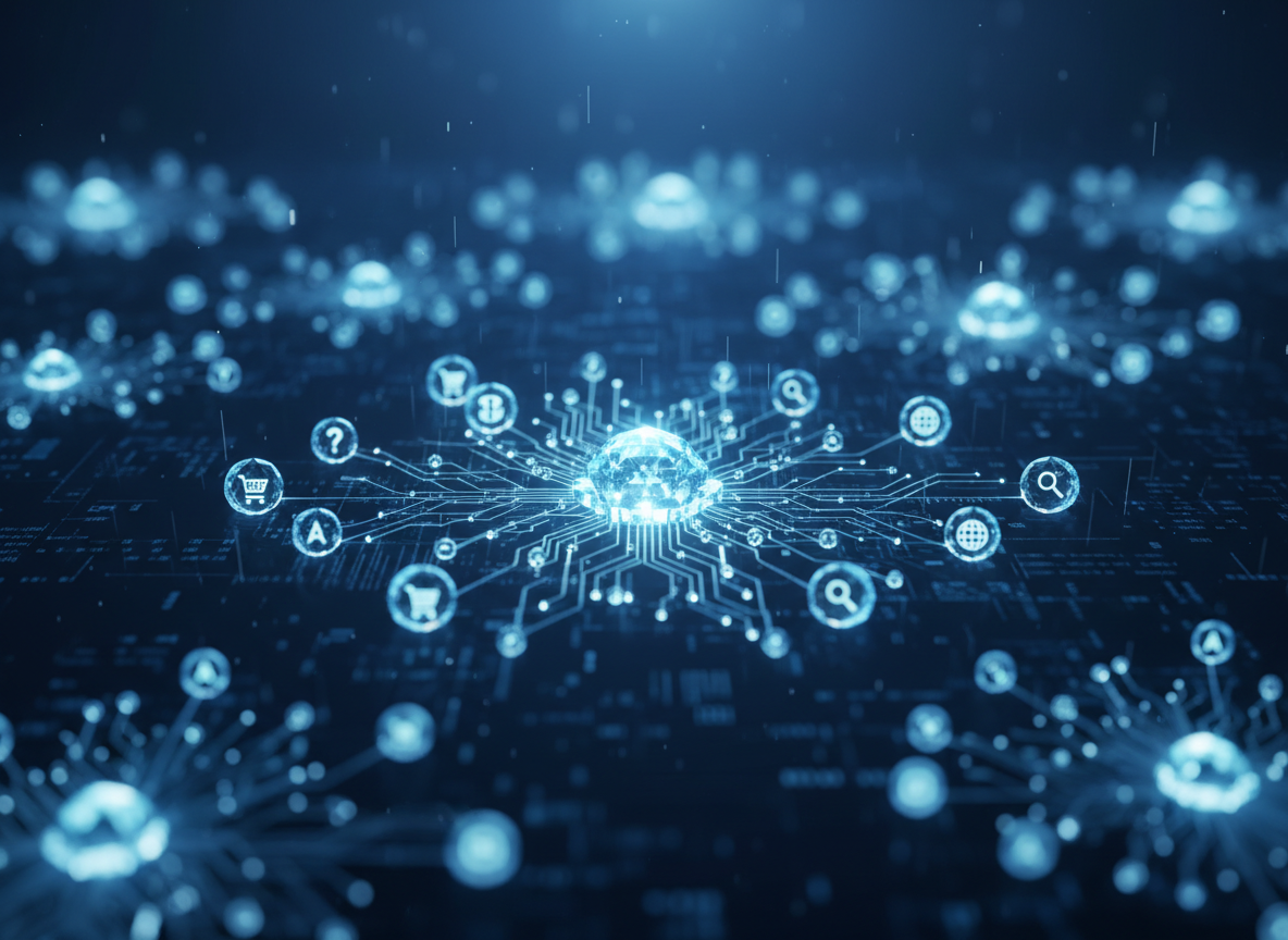 A close-up digital-art visualization of keyword research and clustering for an SEO AI agent. At the center, a luminous, crystalline node radiates dozens of branching lines that form organized clusters of glowing orbs, each orb subtly encoded with iconographic hints of search intent instead of text. The background is a deep navy gradient with faint circuit patterns suggesting data processing. Gentle, focused lighting from above creates glints and reflections on the nodes, adding depth and sophistication. The mood is precise, methodical, and innovative. Framed using the rule of thirds with a shallow depth of field, the main keyword cluster is razor-sharp, while distant clusters dissolve into a soft, colorful bokeh of blues, cyans, and violets.