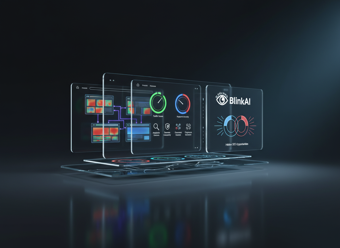 A professional digital-art interface showing competitor SEO analysis as a multi-layered glass dashboard floating in a dark, minimal virtual studio. Several translucent panels display stylized website layouts with color-coded heat zones, link structures as branching neon lines, and performance gauges shaped like radial dials, all icon-based rather than text-based. Subtle reflections ripple across the smooth surface beneath. A cool, directional light from the right creates elegant highlights and long, soft-edged shadows, emphasizing depth and hierarchy. The atmosphere is analytical and quietly intense, suggesting deep comparative insight. Captured from an eye-level angle with a wide aspect ratio, the composition feels like a command center where BlinkAI dissects competitor pages to reveal hidden SEO opportunities.